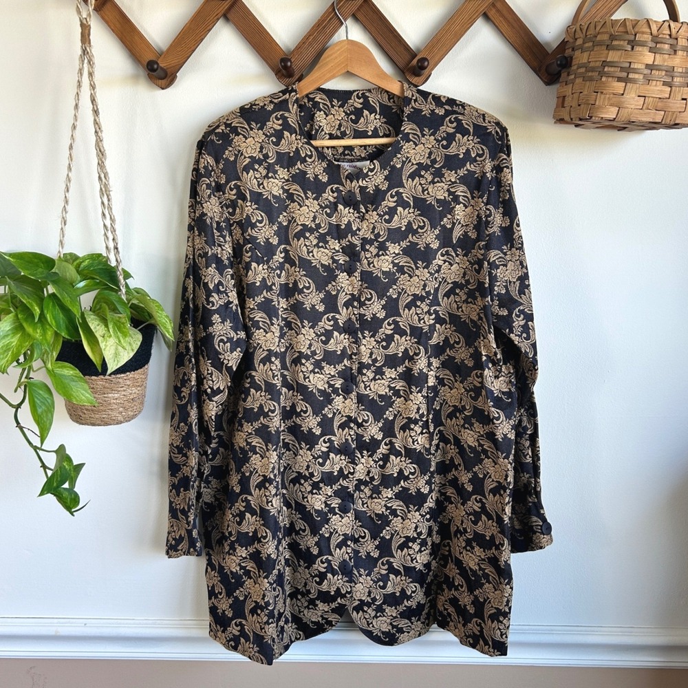 Over the Rainbow Vintage Tapestry Floral Damask Button Down Jacket Black Gold M